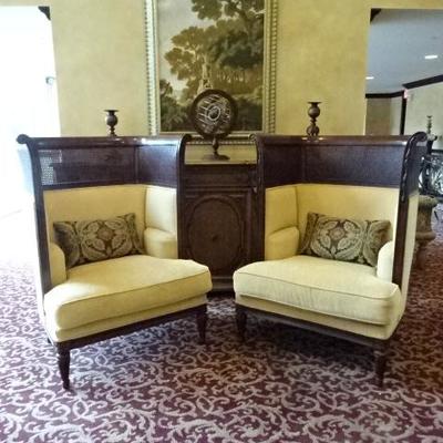 PAIR DRAMATIC OVER-SCALE HIGH BACK ARMCHAIRS
