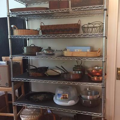 Baskets, servingware and Metal shelving with casters - multiple sets available
