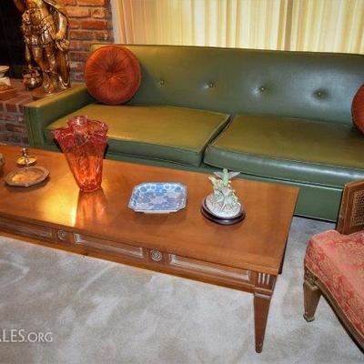 1950's Mid Century Modern Olive Green Naugahyde Sofa and Tables