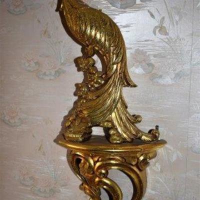 1950's Syroco Golden Peacock perched on a gold gilded floral  half round wall sconce