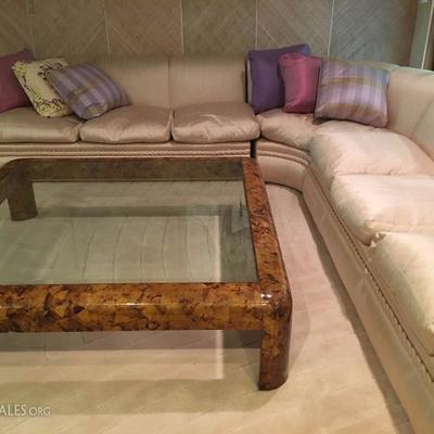 Custom Made Glass Top Coffee Table, Custom Made Sectional Sofa in Silk