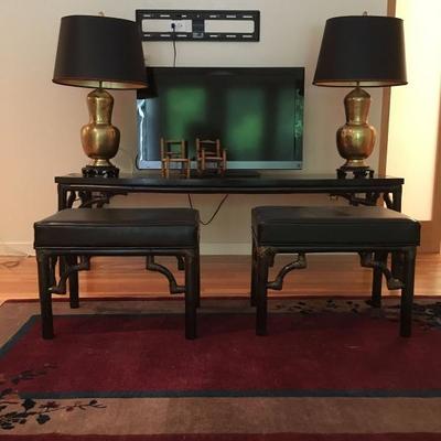 Asian Inspired Console Table with Matching Padded Stools, Flat Screen TV, Hammered Brass Lamps