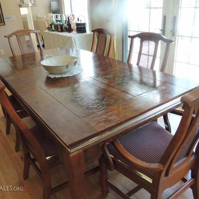 vintage Bassett dining table with one leaf and four chairs and two arm chairs