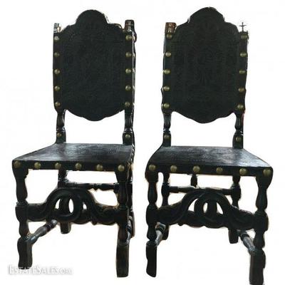 Pair 16th c. Spanish/Portuguese Tooled Leather Chairs #1