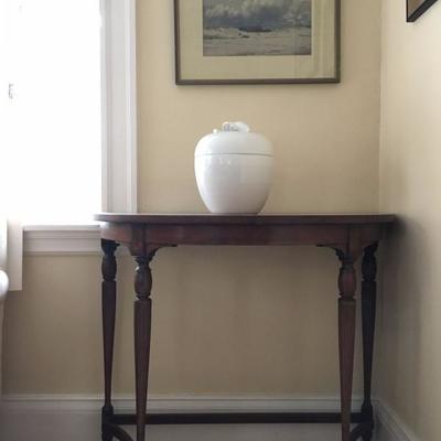 Vintage Demi Lune Table, Tiffany Lidded Apple Jar