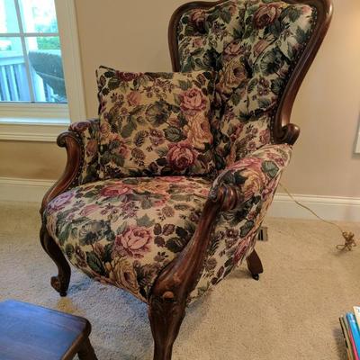Gorgeous Antique French Bergere Armchair with horsehair stuffing. Reupolstered in 1996.