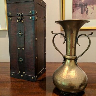 Copper Hammered Vase and wood & leather wine box