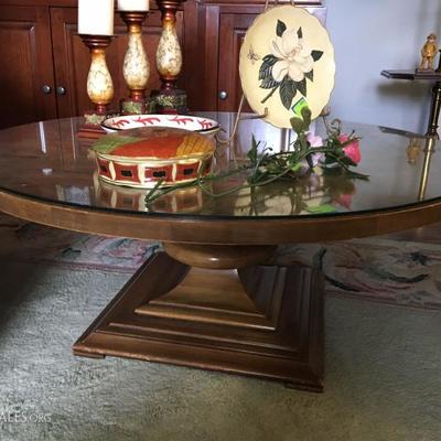 wood coffee table with glass top 