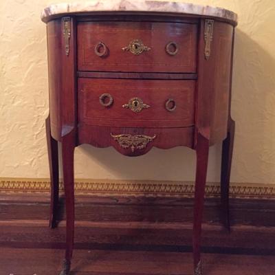 Antique French Art Nouveau Style Side Table with Marble Top and inlaid wood 
