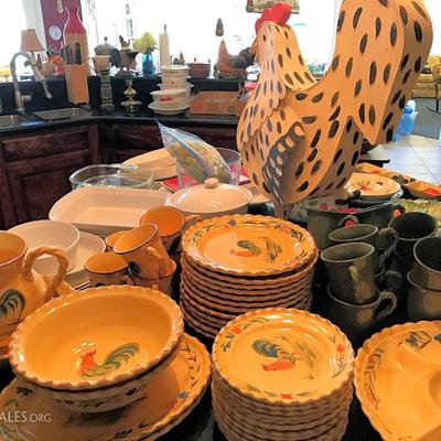 Giant metal rooster as well as a GREAT Rooster dinnerware set
