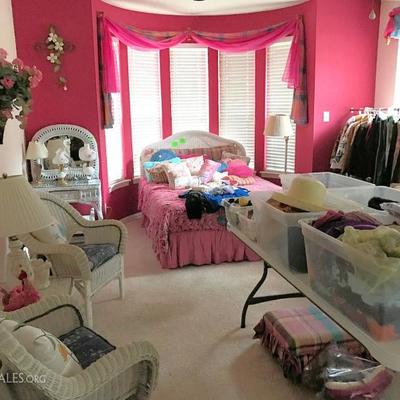 Queen bed, assorted wicker, clothing, scarves, and more