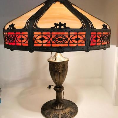 Antique signed Miller Slag Glass Lamp, circa 1919 (with double lights on)