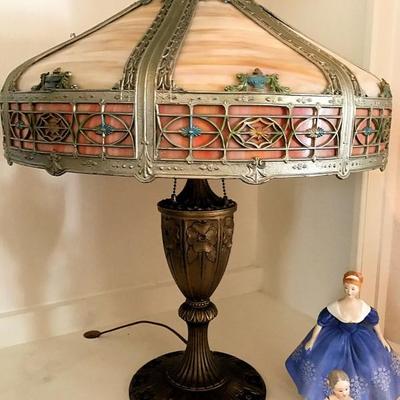the same Antique signed Miller Slag Glass Lamp, circa 1919 (with double lights off)