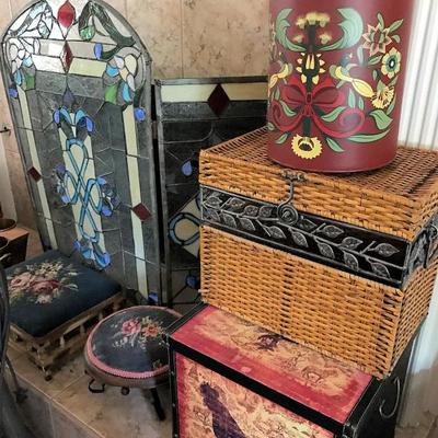Assorted boxes, antique stools and more