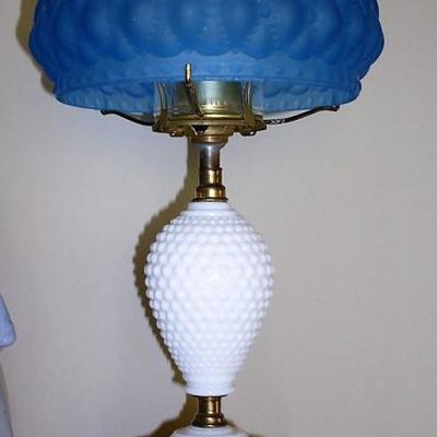 2ND MILK GLASS LAMP WITH BLUE SHADE