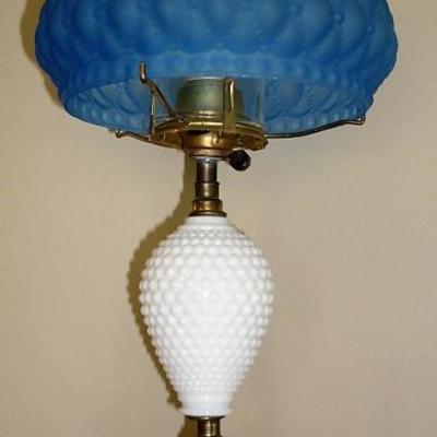 MILK GLASS LAMP WITH BLUE SHADE