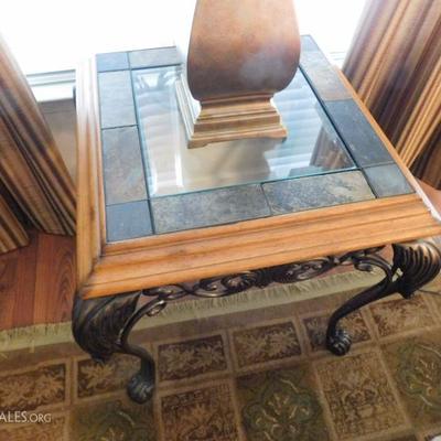 mix media end table with metal, wood. glass and tile