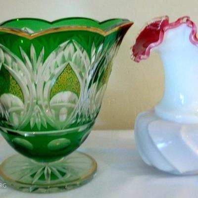 Fenton Silver Crest with Wave body.
Czech green cut to clear Art Deco Vase.