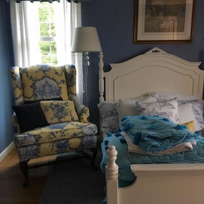Bedding, Upholstered Armchair in Toile, Four Post Bed in White