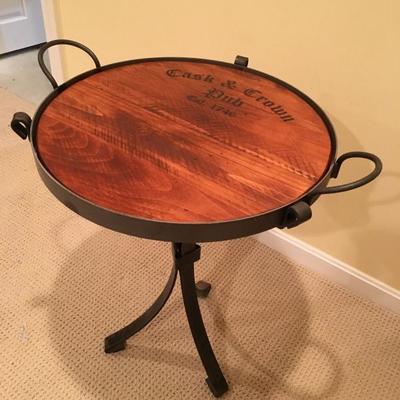 Wine Cask Tray Table with Wrought Iron Base