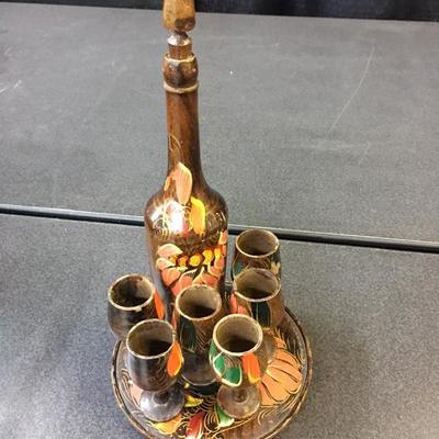 Hand painted wood liquor decanter set