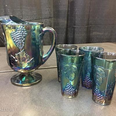 Indiana carnival glass pitcher/glasses