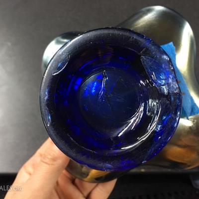 Fenton blue carnival glass hat bowl