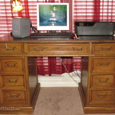 Vintage United Furniture Co. Student Desk shown with Mag Innovision Computer Monitor, GE Power Keyboard, Belkin Battery Backup and HP...