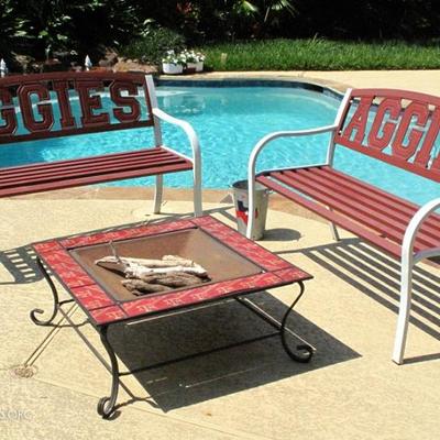 Leigh County NCAA Collegiate Metal Garden Benches and Fire Pit/Table