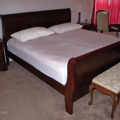 Cherry Bedroom Suite: King-size Sleigh Bed, Dresser and Night Stands (2 ea.).  Also shown is a Bench with Tapering Cabriole Legs