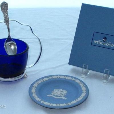 Cobalt Blue Glass Condiment Server with Silverplate Caddy shown with a Sterling 