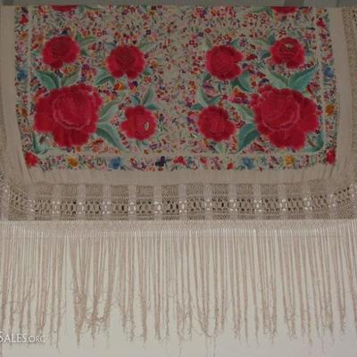 Vintage Hand Embroidered Silk Piano Shawl, Signed. (62" with 28" Macramed Fringe, 90" overall)