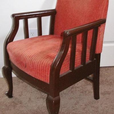 Vintage Mahogany Wooden Arm Chair with Cabriole Legs with Wide Welt Corduroy Upholstery