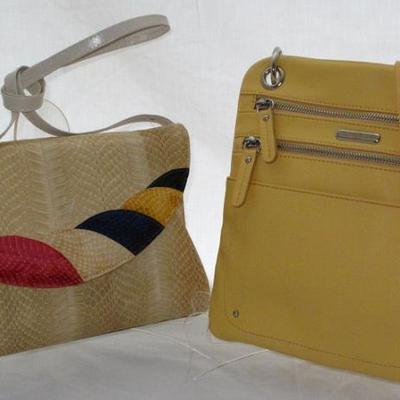 J. RenÃ©e' Vintage Ã‰cru with Red, Blue and Yellow Snake Skin Handbag.  Tyler Rodan Yellow Messenger Bag.