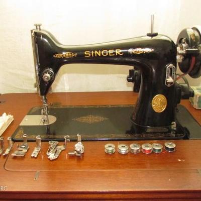 View of Vintage Singer Electric Sewing Machine Head Model 66-16 Serial # AG637487, Accessories and Booklet  in Original Mahogany Cabinet