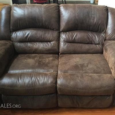 Ashley Furniture Micro Fiber Faux Leather Upholstered Nail Stud Tri Love Seat /Recliners.  Matching sofa not shown.