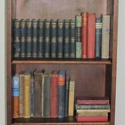Mahogany Depression Era Narrow Bookcase with a selection of Old Books