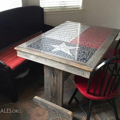 Black Painted Bench with Red Cushion Seat, Trestle table with a Texas Flag Mosaic Table Top and 2 Black and Red Painted Side Chairs 