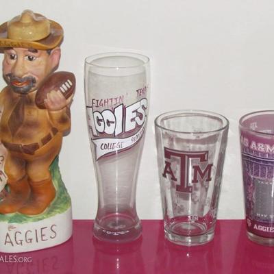 1972 McCormick Texas A&M "Aggies" Porcelain DÃ©canter and Pilsner Beer Glass and tumblers