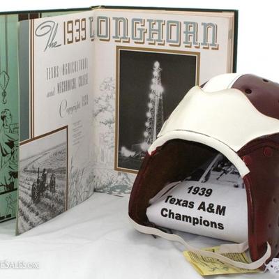 Texas A&M 1939 Longhorn Yearbook shown with a 1939 Championship Leather Football Helmet