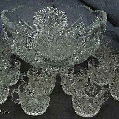 Vintage Hobstar Patterned Glass Punch Bowl with 12 Cups