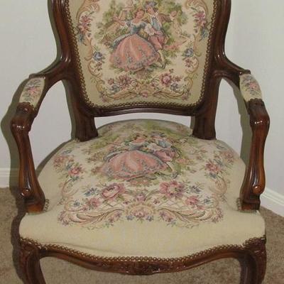 Vintage French Louis XV Style Courting ScÃ¨ne Tapestry Arm Chair Made in Italy by Chateau D'Ax Nice
