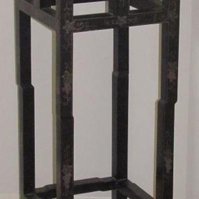 Black Ebonized Plant Stand with Gold Stenciling and Gold Florentine Top with Painted Bird on Branch.