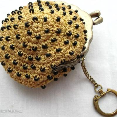 Vintage Made in Japan Crochet Beaded Coin Purse Key Chain