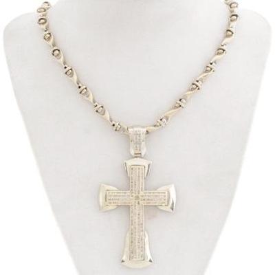 Men's 14k White Gold & Diamond Cross & Chain