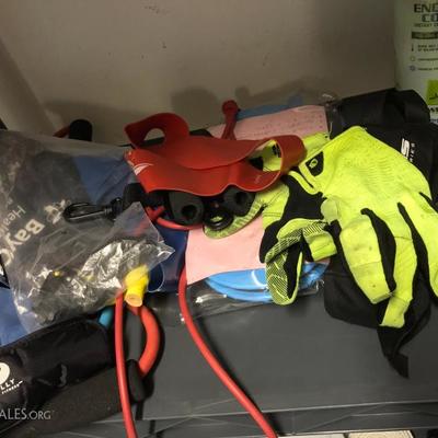 assorted home gym equipment, medicine ball, foot rollers, fitness bands, gloves etc.
