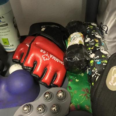 assorted home gym equipment, medicine ball, foot rollers, fitness bands, gloves etc.