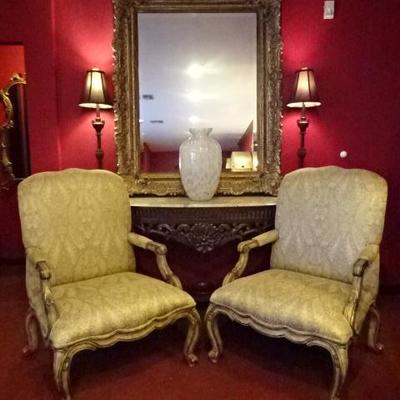 PAIR GEORGIAN STYLE OPEN ARMCHAIRS WITH ANTIQUED FINISH, IMMACULATE CONDITION