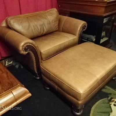 BERNHARDT DOUBLE WIDE LEATHER ARMCHAIR AND OTTOMAN WITH NAILHEAD TRIM
