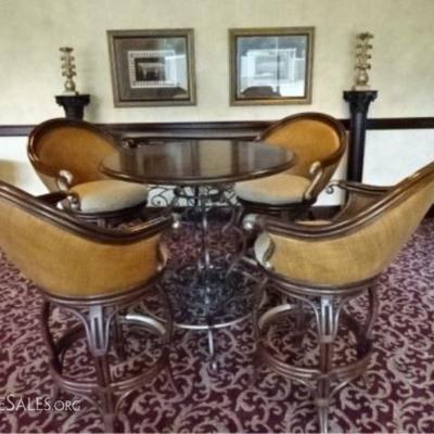 LEATHER TOP BISTRO TABLE WITH 4 SWIVEL BARSTOOLS WITH PADDED RATTAN BACKS
